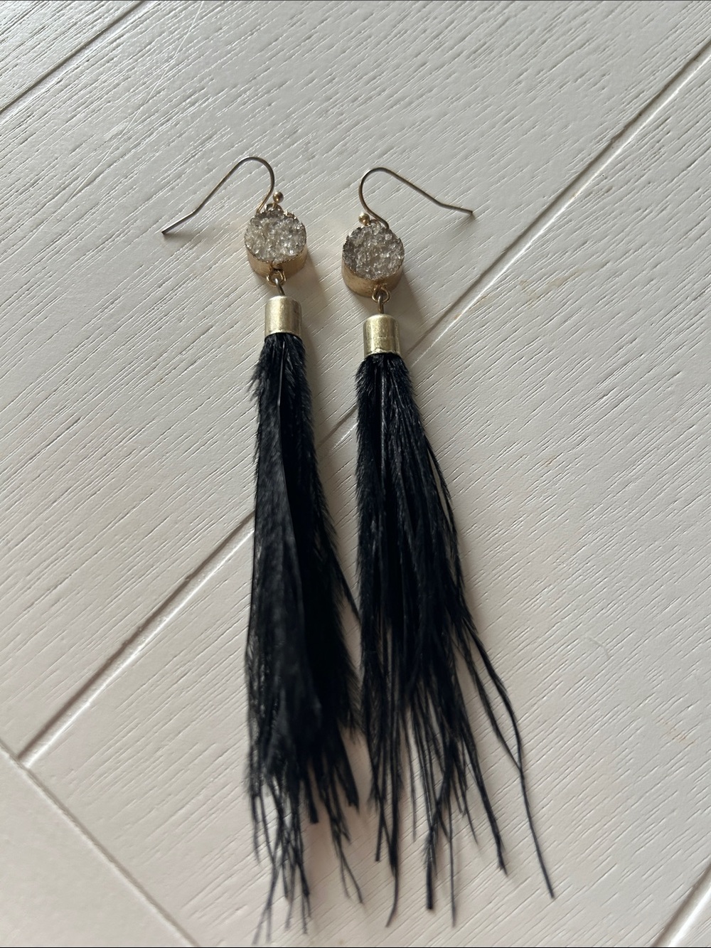 Gold and Black Tassel Earrings with Clear Druzy Accent